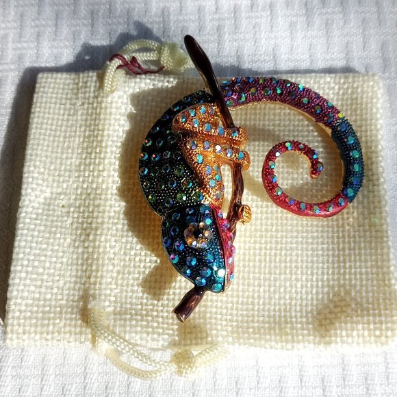Rainbow Chamelion Lizard Rhinestone Pin Broach - Picture 5 of 5